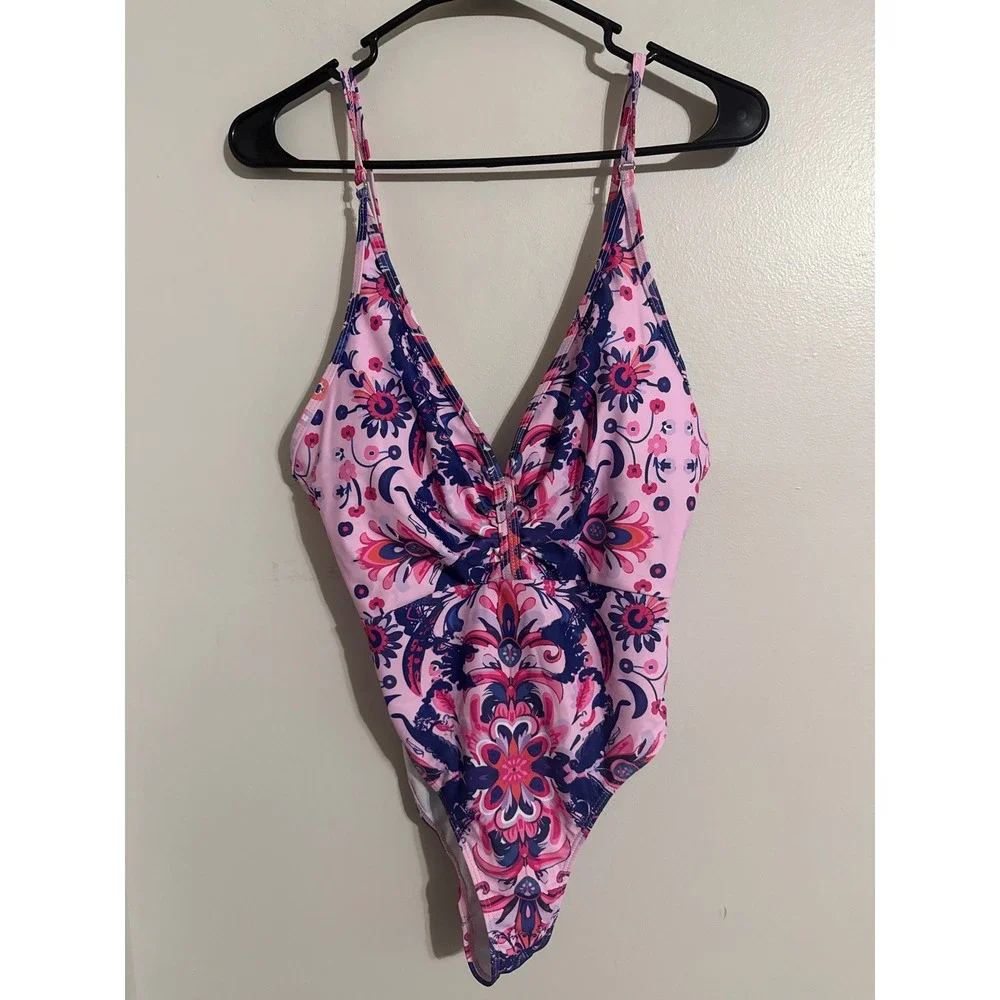 Pink Floral Paisley One Piece Swimsuit V-Neck Adjustable Straps Medium